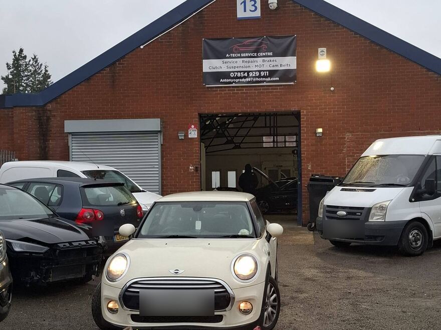 Customer's Mini outside the A-Tech Service Centre workshop in Welwyn Garden City